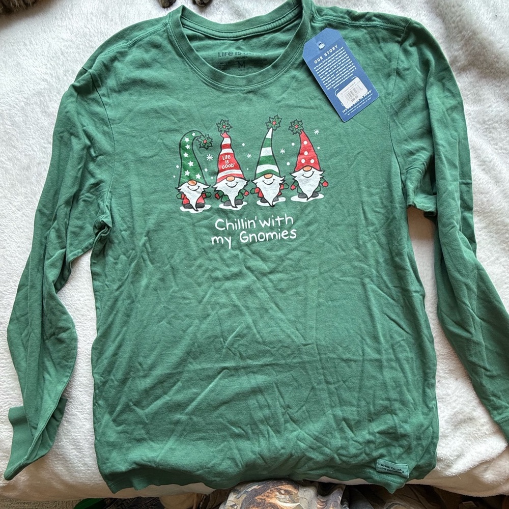 Life Is Good Green Long Sleeve Tee with Festive Gnome Design